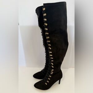 Journee Collection Black Over the Knee Boots with Gold Details
